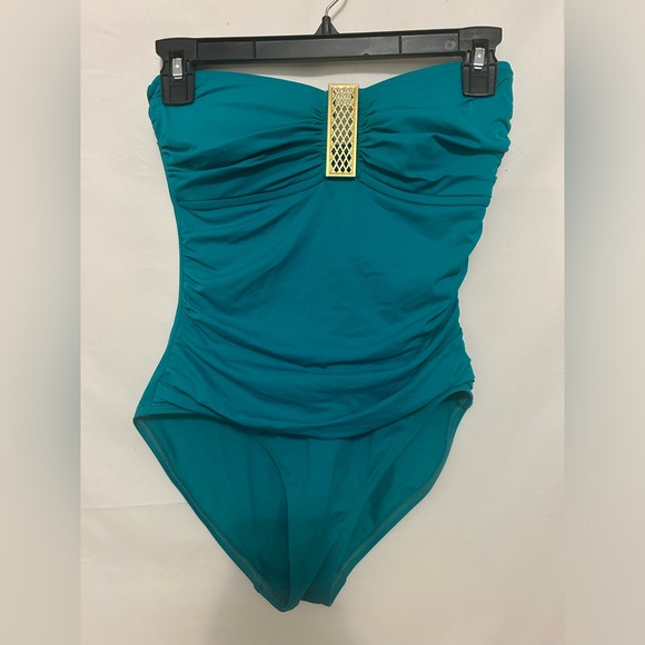 La Blanca‎ Blue Gold Medallion Halter Ruched One Piece Swimsuit Size 6 - Picture 1 of 6